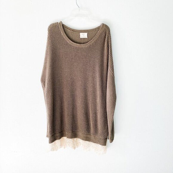 🦋 URBAN OUTFITTERS Pins & Needles Olive Sweater Lace Trim Size Small Oversize - Picture 2 of 8